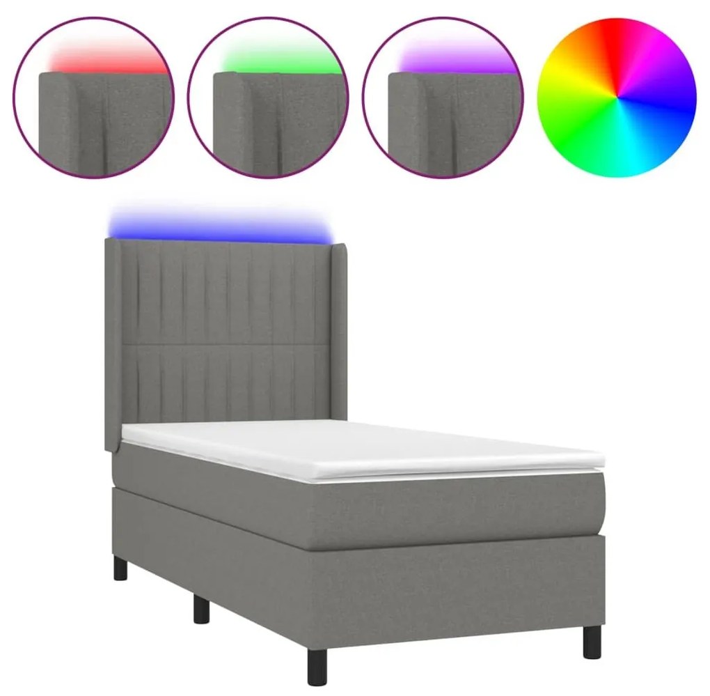 Κρεβάτι Boxspring με Στρώμα &amp; LED Σκ.Γκρι 100x200 εκ Υφασμάτινο - Γκρι