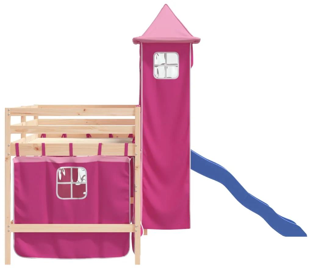 vidaXL Υπερυψωμένο Κρεβάτι με Πύργο Ροζ 90x200 εκ. Μασίφ Ξύλο Πεύκου