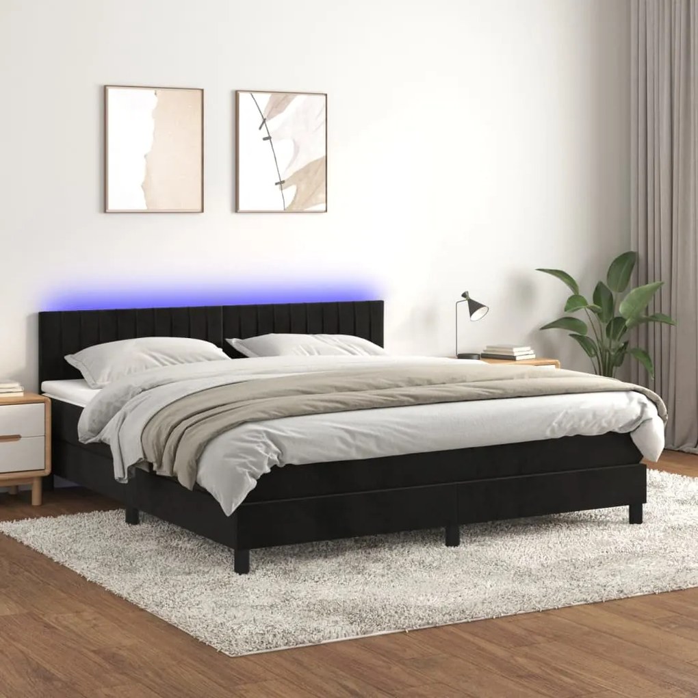 Κρεβάτι Boxspring με Στρώμα & LED Μαύρο 160x200 εκ. Βελούδινο