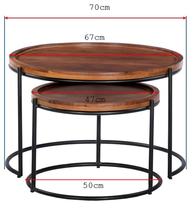 CELLINI COFFEE TABLE SET 2ΤΕΜ ΚΑΡΥΔΙ ΑΝΟΙΧΤΟ ΜΑΥΡΟ 70x70xH43cm