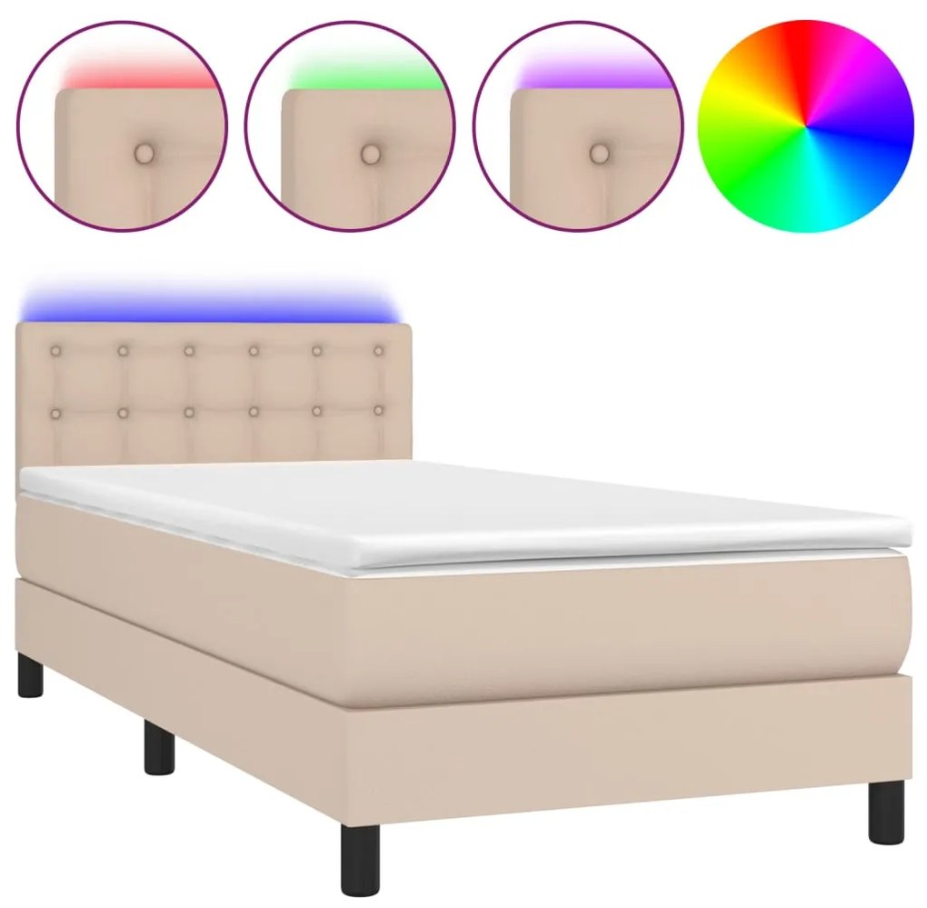 vidaXL Κρεβάτι Boxspring Στρώμα&LED Καπουτσίνο 90x200 εκ. Συνθ. Δέρμα