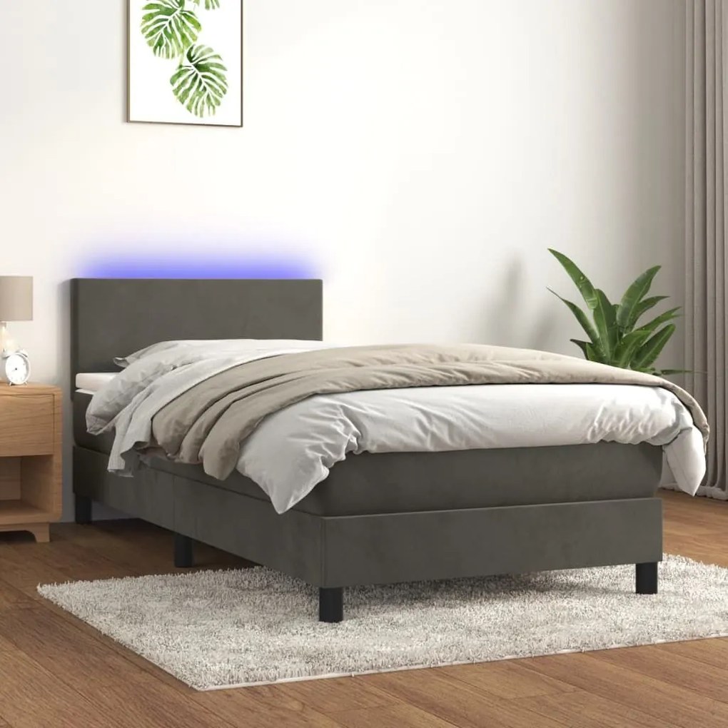 ΚΡΕΒΑΤΙ BOXSPRING ΜΕ ΣΤΡΩΜΑ &amp; LED ΣΚ. ΓΚΡΙ 90X190 ΕΚ. ΒΕΛΟΥΔΙΝΟ 3134256