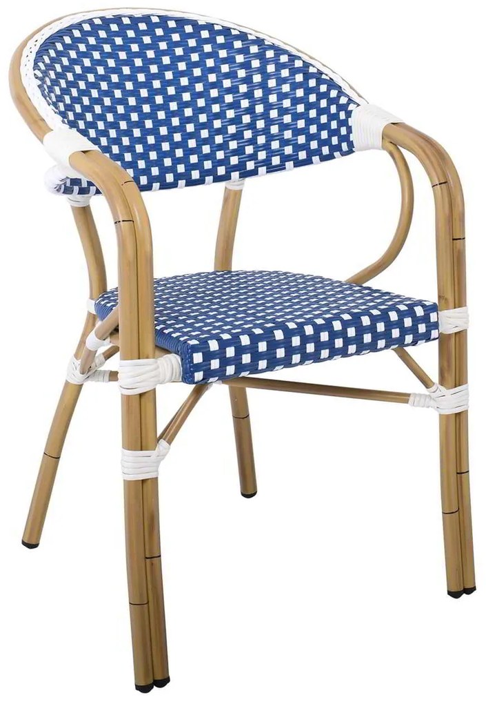 VEGERA Πολυθρόνα Dining Αλουμίνιο Φυσικό, Wicker Άσπρο - Μπλε, Στοιβαζόμενη