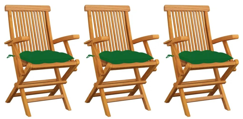 vidaXL Καρέκλες Κήπου 3 τεμ. από Μασίφ Ξύλο Teak με Πράσινα Μαξιλάρια