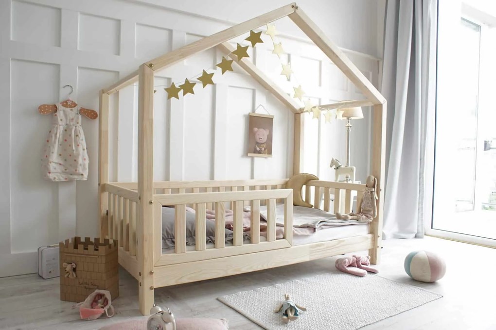 Κρεβάτι Παιδικό Montessori House Bed με κάγκελα 30cm σε Φυσικό  Ξύλο  90×200cm  Luletto (Δώρο 10% έκπτωση στο Στρώμα)