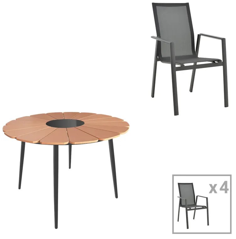 Τραπεζαρία Pinap-Dashiell σετ 5τεμ pakoworld μαύρο αλουμίνιο και plywood σε φυσική απόχρωση Φ110x74εκ