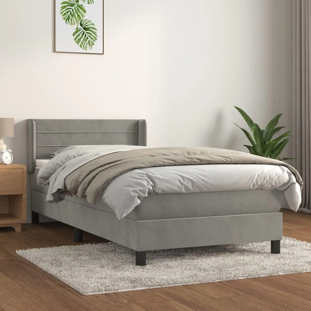 vidaXL Κρεβάτι Boxspring με Στρώμα Ανοιχτό Γκρι 90x190 εκ. Βελούδινο