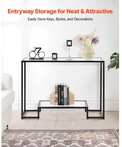 VEVOR 2-Tier Glass Console Table Rectangle Sofa Side Table with Anti-Tip Black
