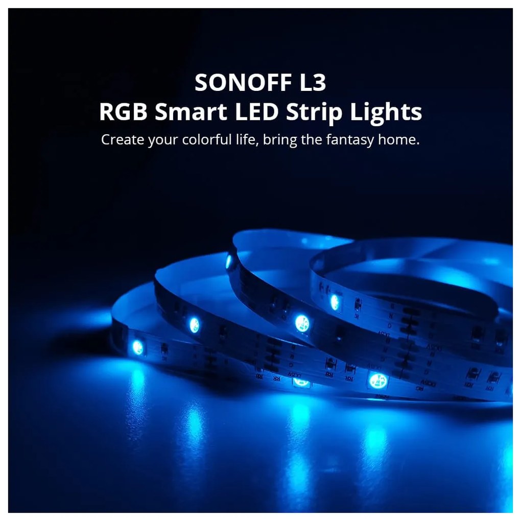GloboStar® 80098 SONOFF L3-5M RGB Smart LED Strip Light WiFi 2.4GHz 90 SMD/5M 5050 5m Roll &amp; Power Adapter DC 5V Max 10W