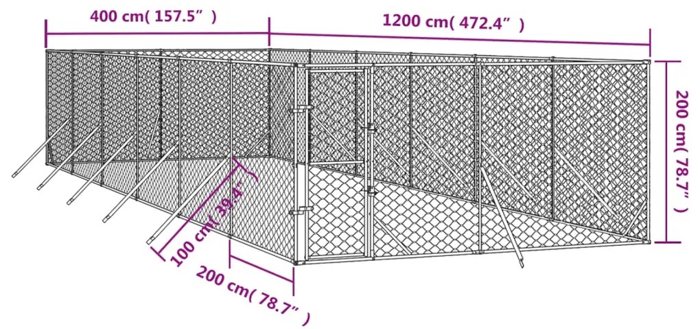 vidaXL Κλουβί Σκύλου Εξωτερ. Χώρου Ασημί 4x12x2 μ. από Γαλβαν. Ατσάλι