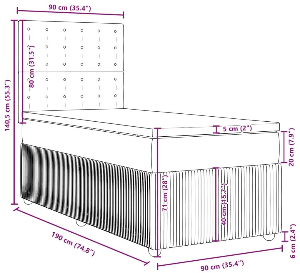 Κρεβάτι Boxspring με Στρώμα Σκούρο Γκρι 90x190 εκ. Βελούδινο - Γκρι