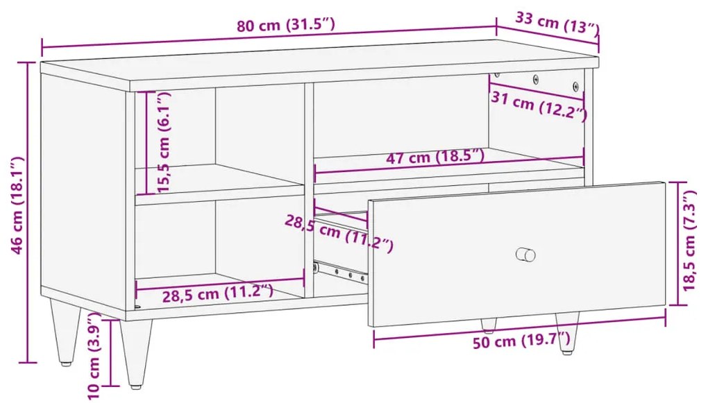 Έπιπλο Τηλεόρασης 80 x 33 x 46 εκ. από Μασίφ Ξύλο Μάνγκο - Καφέ