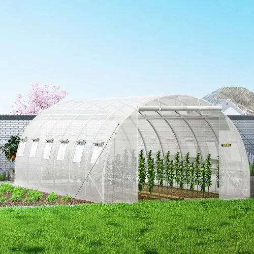 VEVOR Walk-in Tunnel Greenhouse, 20 x 10 x 7 ft Portable Plant Hot House w/ Galvanized Steel Hoops, 3 Top Beams, 4 Diagonal Poles, 2 Zippered Doors &amp; 12 Roll-up Windows, White