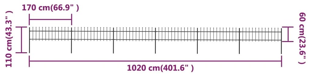 vidaXL Κάγκελα Περίφραξης με Λόγχες Μαύρα 10,2 x 0,6 μ. από Χάλυβα