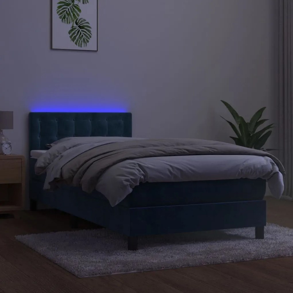 Κρεβάτι Boxspring με Στρώμα &amp; LED Σκ. Μπλε 80x200 εκ. Βελούδινο - Μπλε