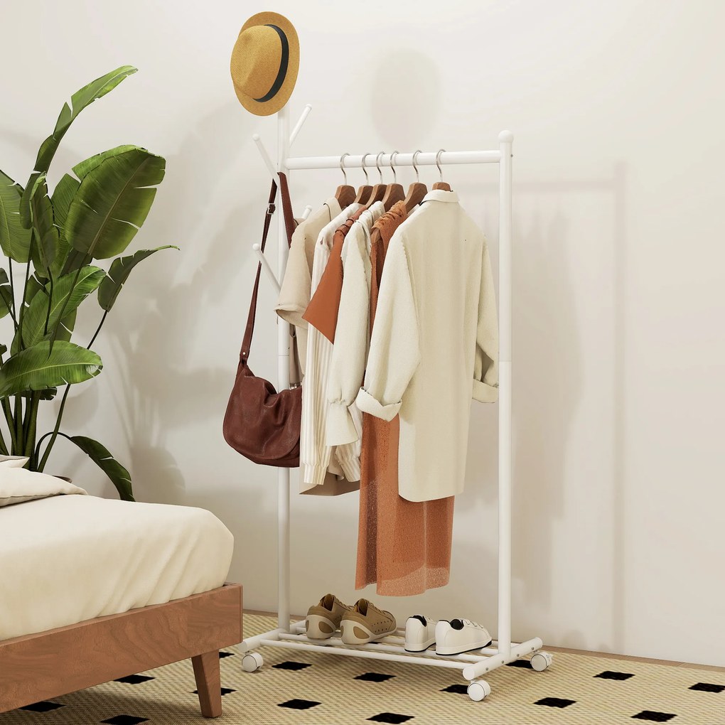 HOMCOM Βάση Ρούχων με Ρόδες, Κινητή Κρεμάστρα Ρούχων με Μπάρα Ρούχων, 5 Γάντζοι, Ράφι Παπουτσιών Λευκό