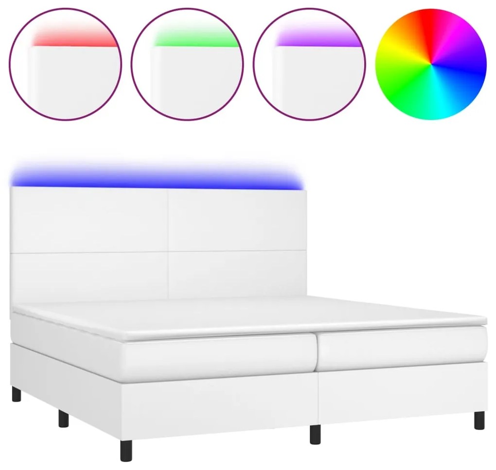 vidaXL Κρεβάτι Boxspring με Στρώμα & LED Λευκό 200x200 εκ. Συνθ. Δέρμα