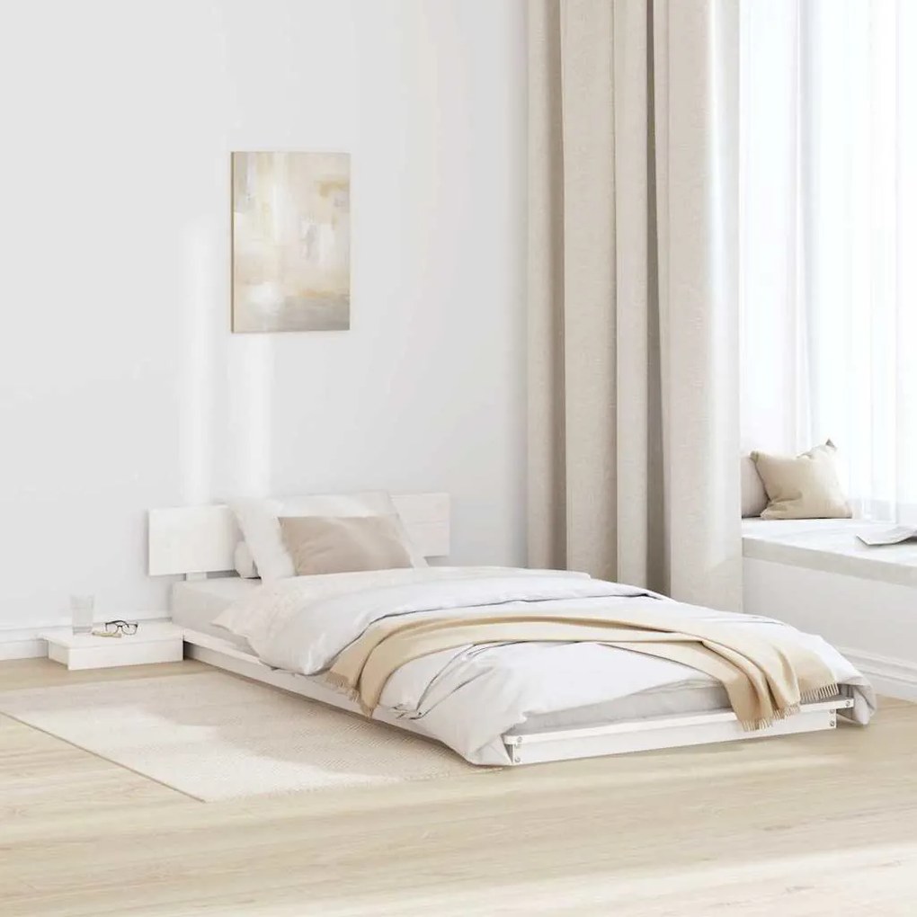 vidaXL Κρεβάτι Δαπέδου με Κομοδίνα Λευκό 90x190εκ. Μασίφ Ξύλο