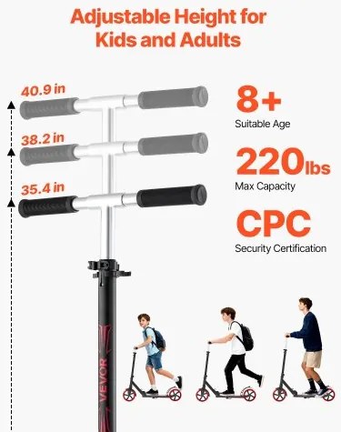VEVOR Kick Scooter for Kids Ages 8+, Teens &amp; Adults, 2-Wheel Toddler Scooter with Adjustable Height Handlebar, Wide Anti-Slip Deck, Foldable Lightweight for Boys &amp; Girls up to 99.8 kg, Black + Red