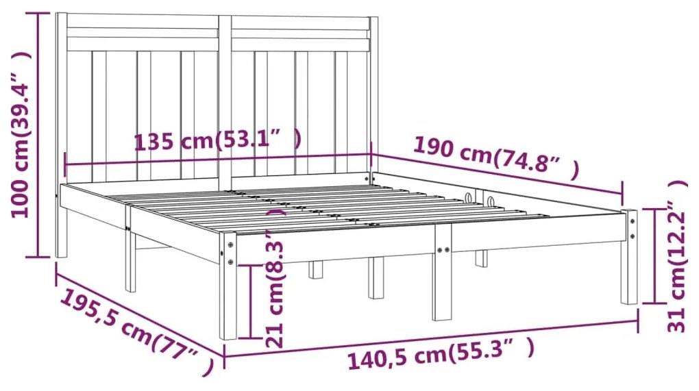 vidaXL Πλαίσιο Κρεβατιού 135 x 190 εκ. από Μασίφ Ξύλο Double