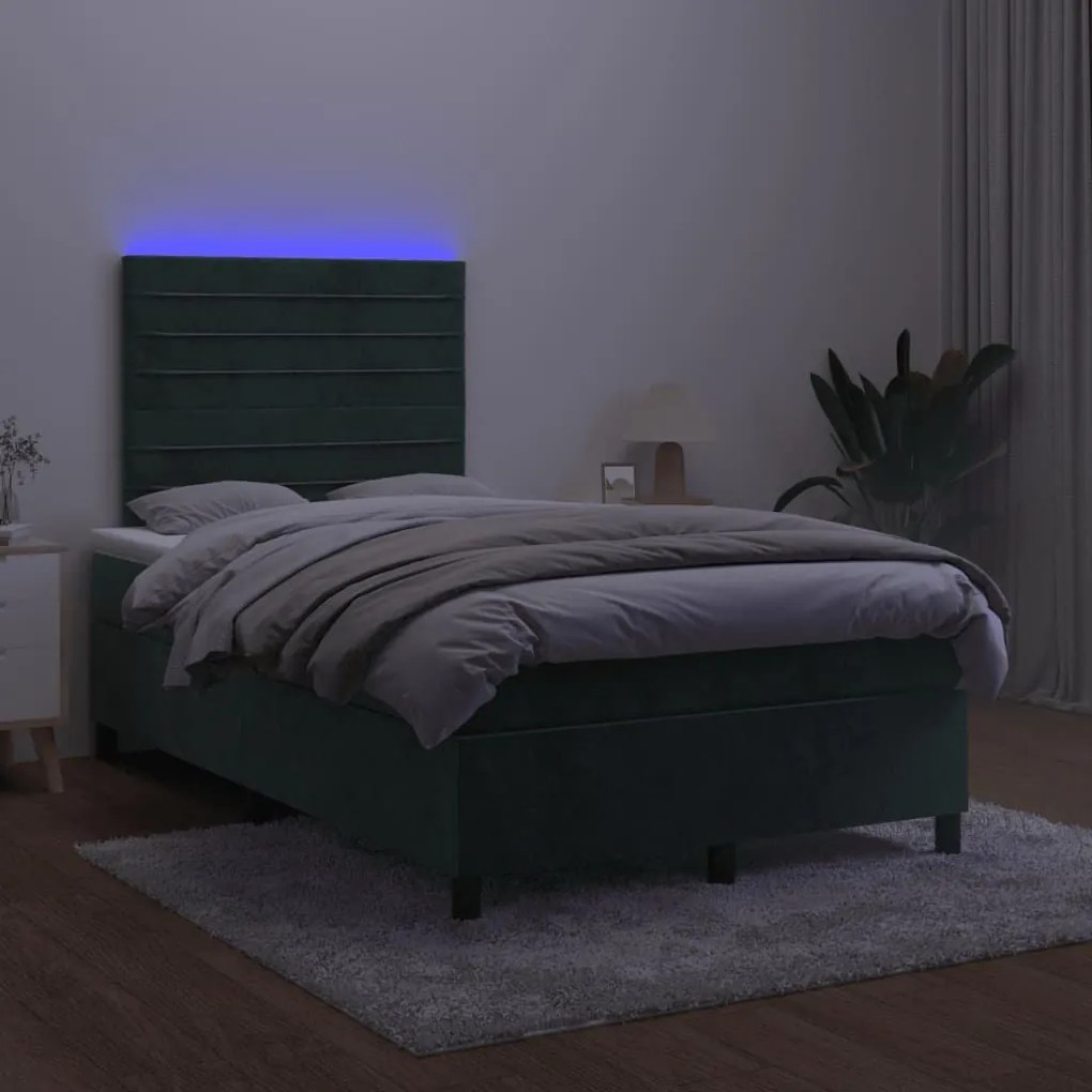 Κρεβάτι Boxspring με Στρώμα &amp; LED Σκ. Πράσινο 120x190εκ Βελούδο - Πράσινο