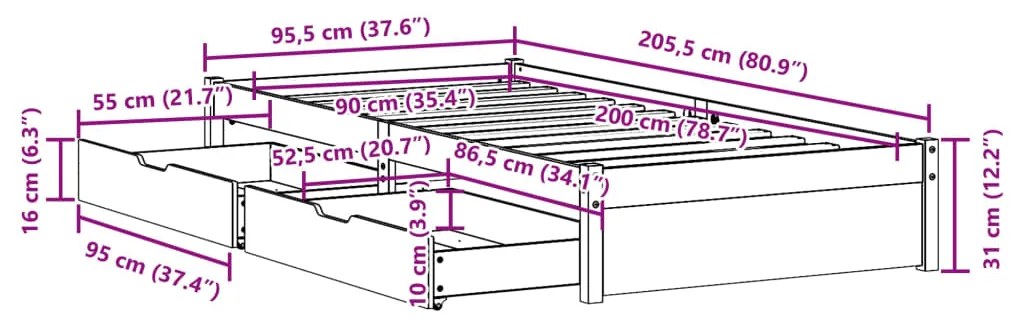 Σκελετός Κρεβατιού Χωρίς Στρώμα 90x200 εκ Μασίφ Ξύλο Πεύκου - Καφέ