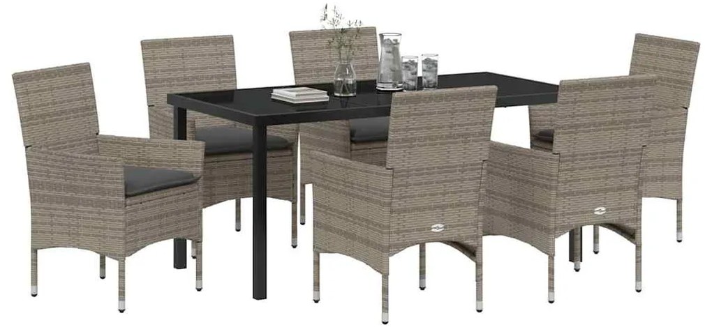 vidaXL Σέτ φαγητού για κήπο με μαξιλάρι 7 pcs Γκρι Πολυ ράταν