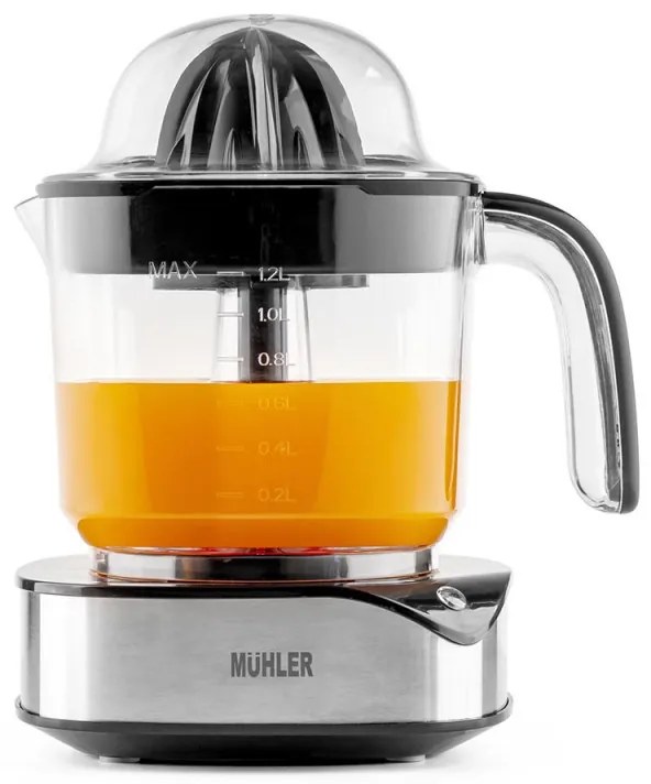 Πρέσα εσπεριδοειδών Muhler MJ-4020, 40 W, 1,2 λίτρα, Dvoposochno κίνηση, Ενδεικτική λυχνία, 2 κώνοι, Cheren/Inox.