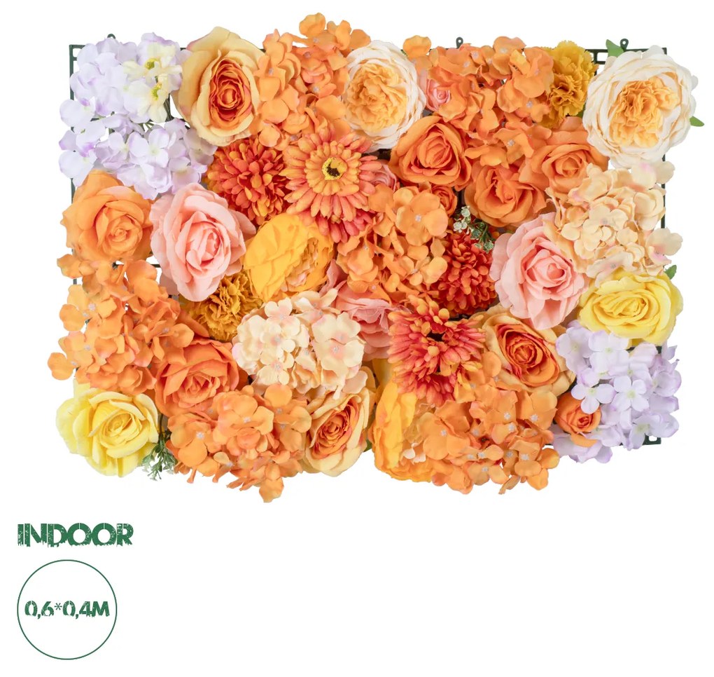 GloboStar® Artificial Garden ROSES STORY 20354 Τεχνητό Διακοσμητικό Πάνελ Λουλουδιών - Κάθετος Κήπος σύνθεση Πορτοκαλί &amp; Ροζ Τριαντάφυλλα Μ40 x Π60 x Υ12cm