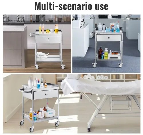 VEVOR Medical Cart, 2 Layers Stainless Steel Cart 220 lbs Weight Capacity, Lab Utility Cart with 360° Silent Wheels and a Drawer for Lab, Clinic, Kitchen, Salon