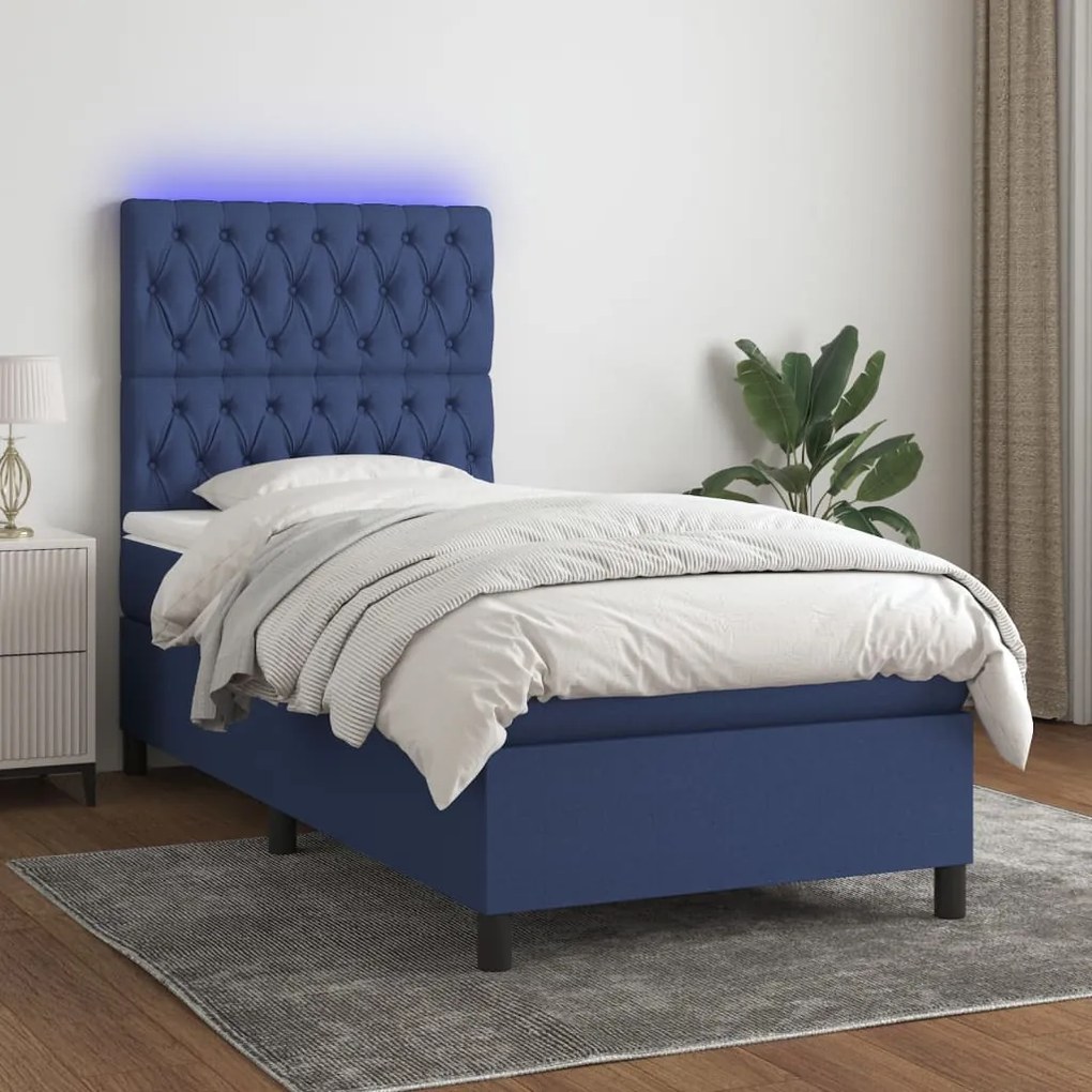 Κρεβάτι Boxspring με Στρώμα &amp; LED Μπλε 90x190 εκ. Υφασμάτινο