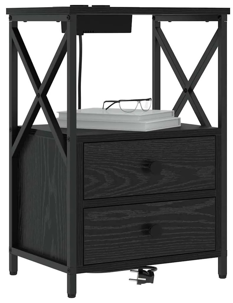 vidaXL Κομοδίνο με Σταθμό Φόρτισης 2 pcs Μαύρη δρυς Επεξεργασμένο ξύλο