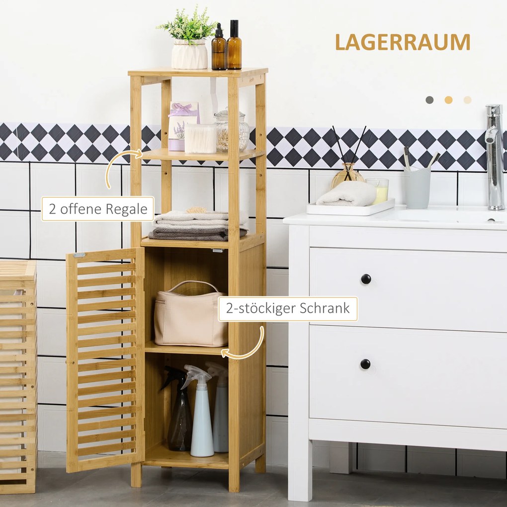 Ράφι μπάνιου kleankin, ντουλάπι με πόρτα με περσίδες, ρυθμιζόμενα ράφια, μπαμπού, περίπου 33 x 30 x 120 cm