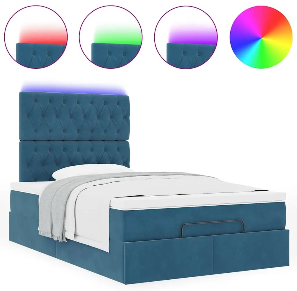 vidaXL Οθωμανικό κρεβάτι με στρώματα & LEDs Σκούρο μπλε Βελούδο