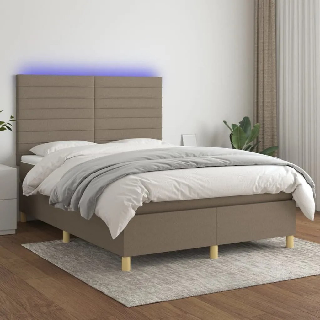 Κρεβάτι Boxspring με Στρώμα &amp; LED Taupe 140x200 εκ. Υφασμάτινο - Μπεζ-Γκρι