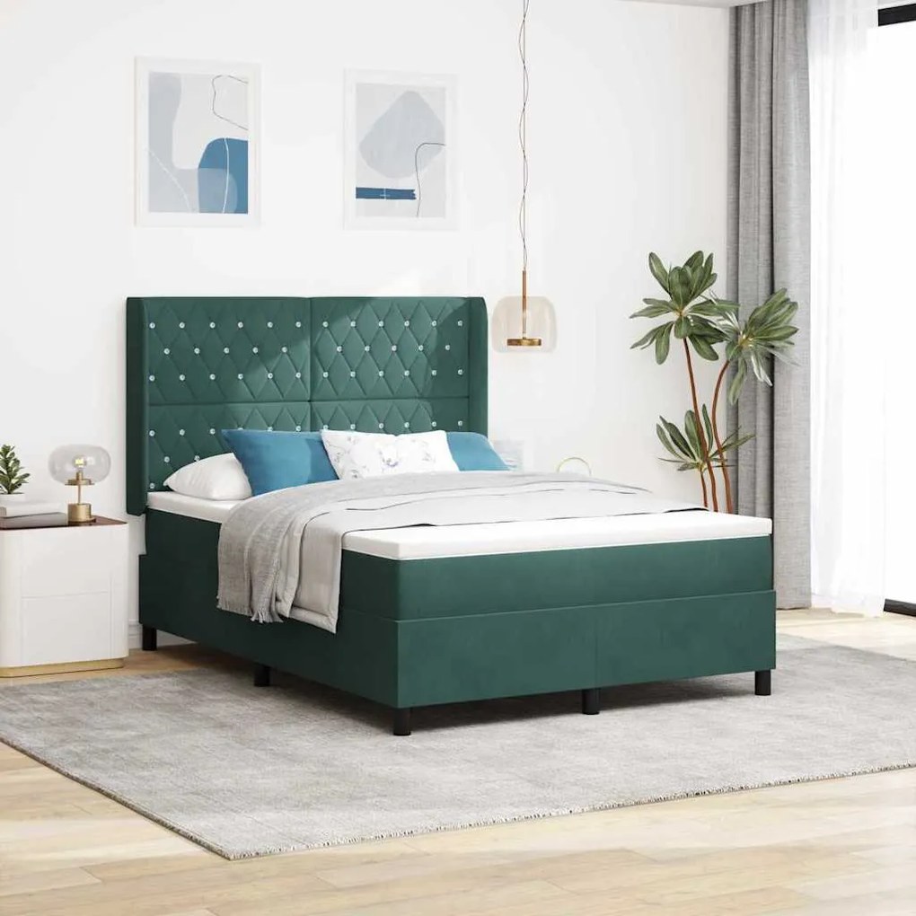 vidaXL Κρεβάτι με ελατήρια Σκούρο πράσινο 140 x 190 cm Βελούδο