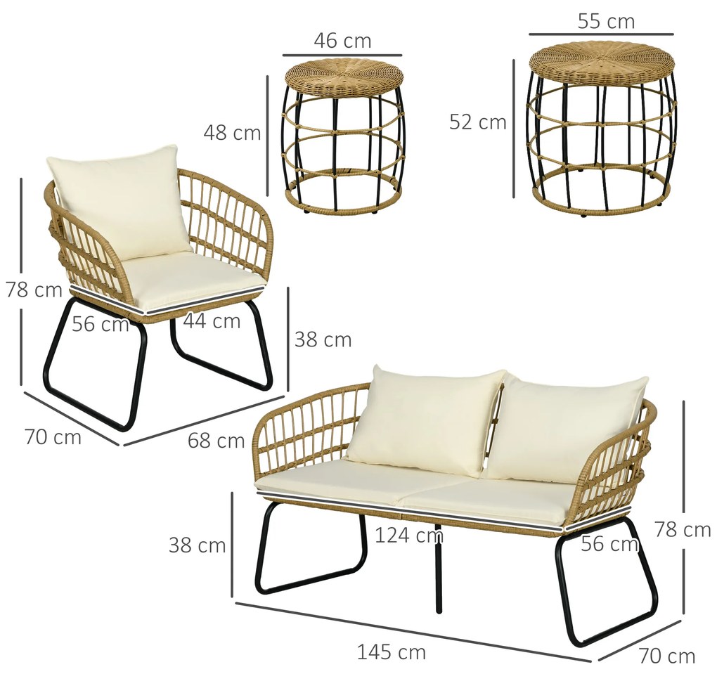 Outsunny Σετ σαλονιού από ρατάν, Σετ καθιστικού εξωτερικού χώρου, στυλ Boho, 5 τεμαχίων, 145 x 70 x 78 cm, Κρεμ + Φυσικό + Μαύρο