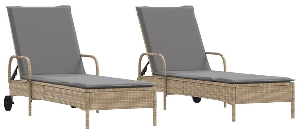 vidaXL Ξαπλώστρες 2 τεμ. Μπεζ από Συνθετικό Ρατάν με Μαξιλάρια