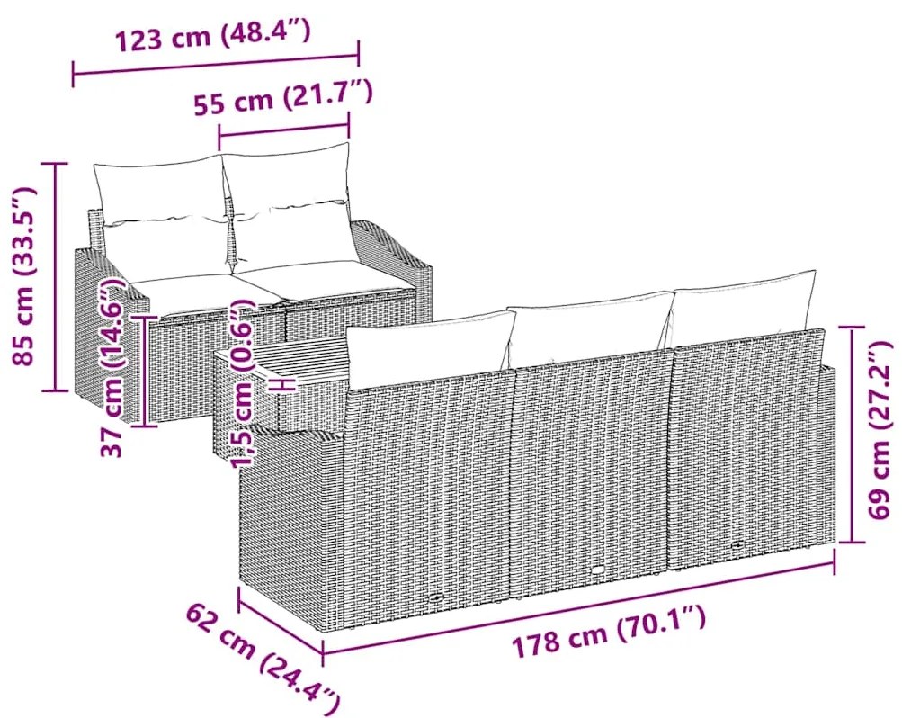 vidaXL Σετ Καναπέ Κήπου με μαξιλάρι 6 pcs Γκρι συνθετικό ρατάν