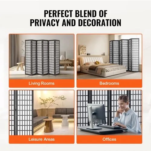 VEVOR Room Divider Japanese Wall Divider 4 Pane for Room Separation (Black)