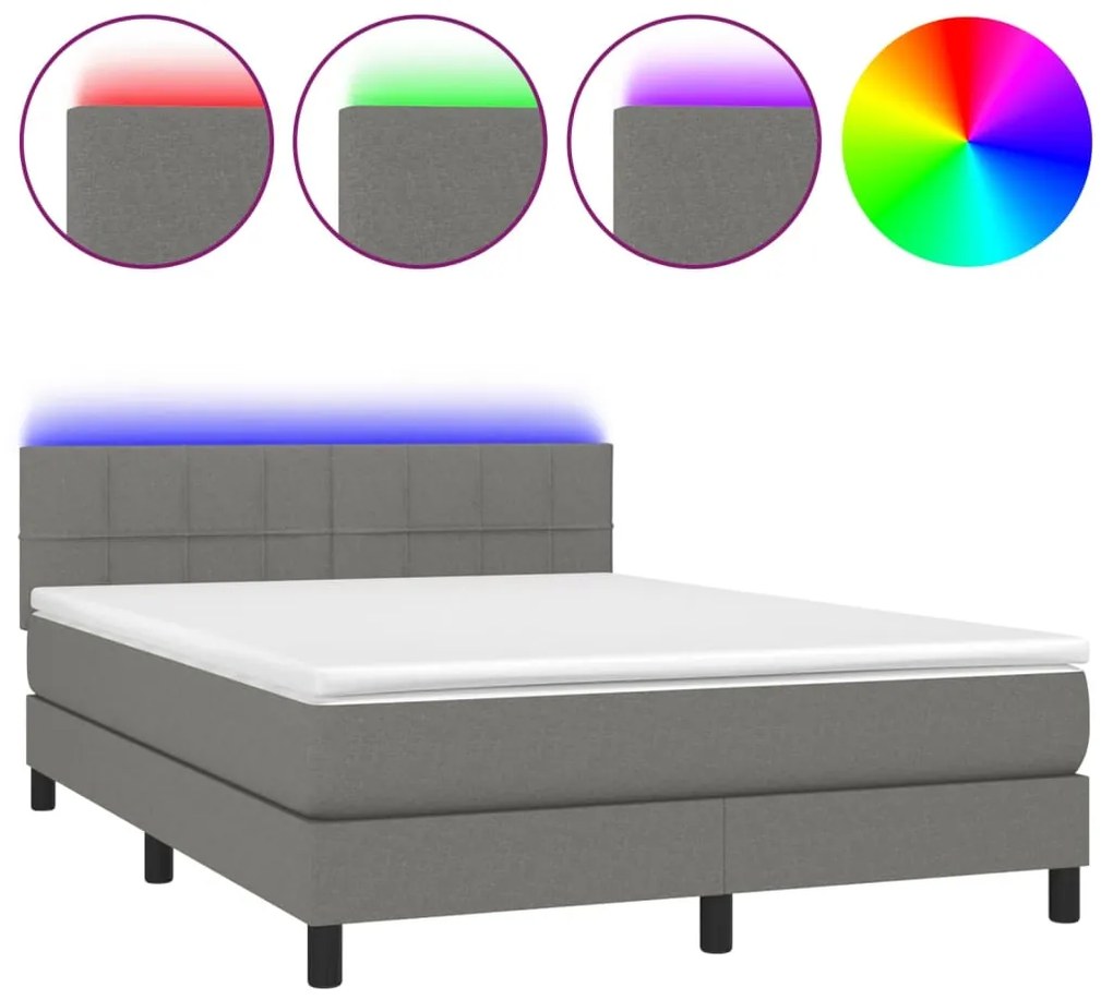 vidaXL Κρεβάτι Boxspring με Στρώμα & LED Σκ.Γκρι 140x190 εκ Υφασμάτινο