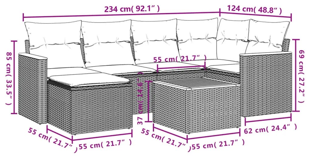 vidaXL Καναπές Σετ 7 Τεμαχίων Μαύρο Συνθετικό Ρατάν με Μαξιλάρια