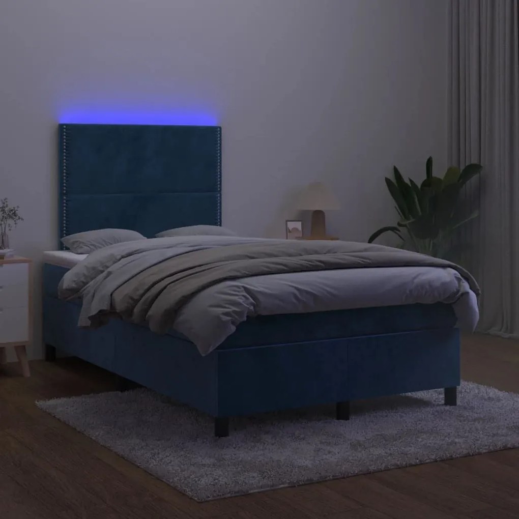 Κρεβάτι Boxspring με Στρώμα &amp; LED Σκ. Μπλε 120x190εκ. Βελούδινο - Μπλε