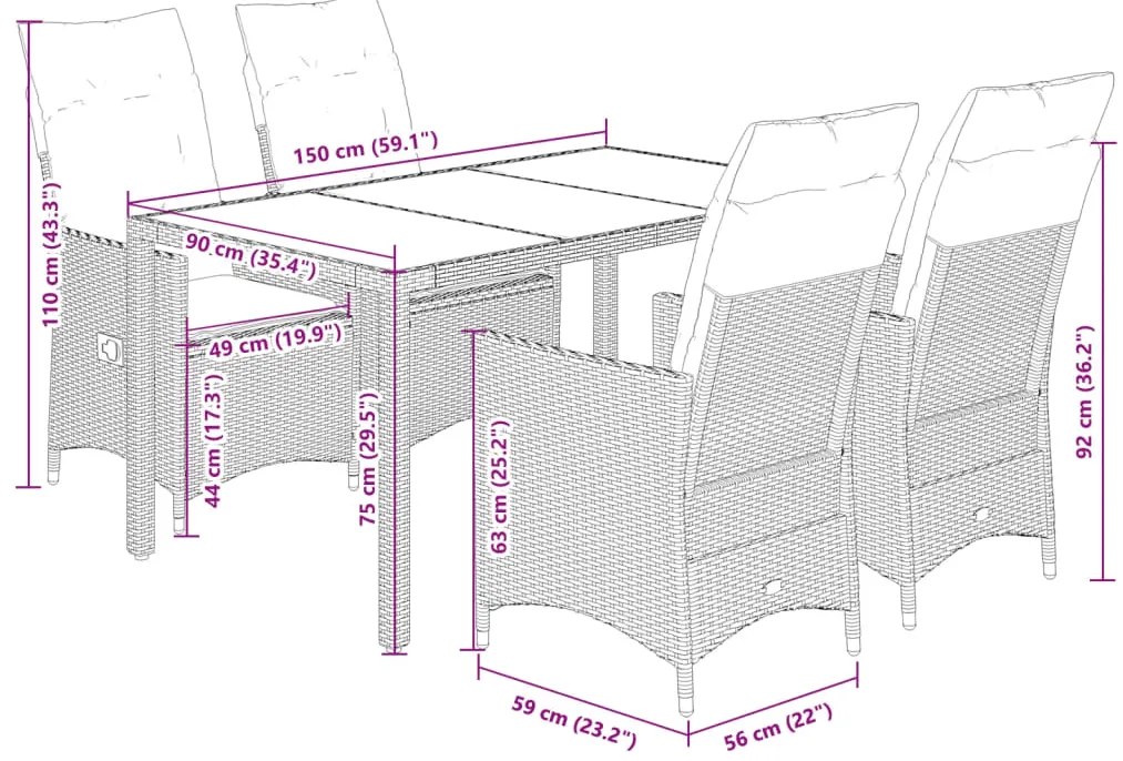 vidaXL Σετ Τραπεζαρίας Κήπου 5 Τεμαχίων Μαύρο Συνθ. Ρατάν με Μαξιλάρια