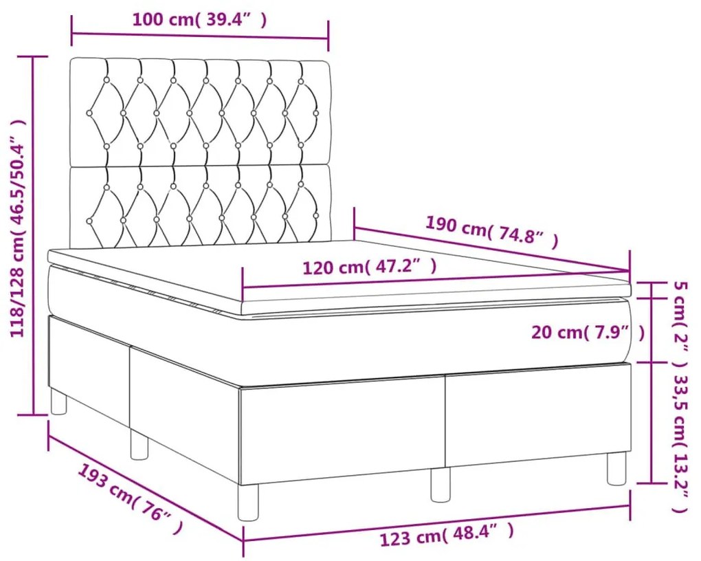 Κρεβάτι Boxspring με Στρώμα &amp; LED Μπλε 120x190εκ. Υφασμάτινο - Μπλε