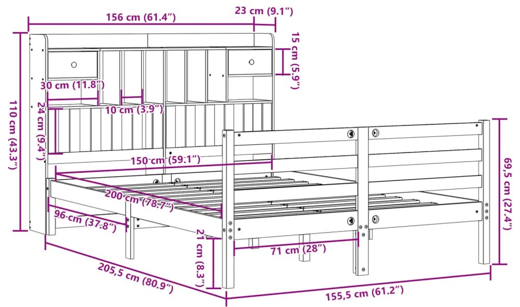 Κρεβάτι Βιβλιοθήκη Χωρίς Στρώμα 150x200 εκ Μασίφ Ξύλο Πεύκου - Λευκό