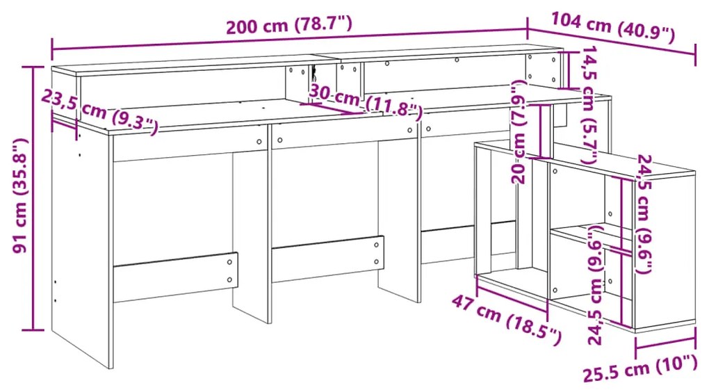 Γραφείο με LED Γκρι Σκυρόδεματος 200x104x91 εκ. Επεξεργ. Ξύλο - Γκρι