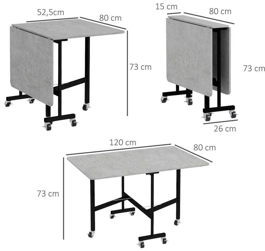 HOMCOM Τραπέζι τραπεζαρίας για 4-6 άτομα, Πτυσσόμενο τραπέζι με ροδάκια, Ατσάλινο πλαίσιο, 52,5-120 x 80 x 73 cm, Γκρι