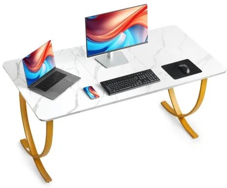 VEVOR Executive Desk, 160 cm W x 80 cm D Large Office Desk, Modern Computer Table Conference Meeting Room Table, Business Furniture Enlarged Desktop for Home Office, White and Gold