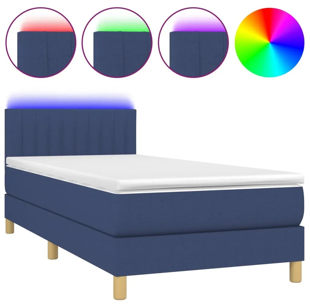 vidaXL Κρεβάτι Boxspring με Στρώμα & LED Μπλε 90x190 εκ. Υφασμάτινο